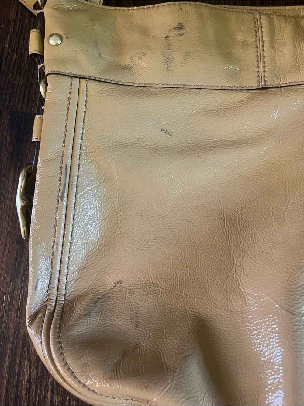 Y2K Coach Zoe Large Patent Leather Hobo Shoulder Bag  Fawn/Mustard L0893-12776